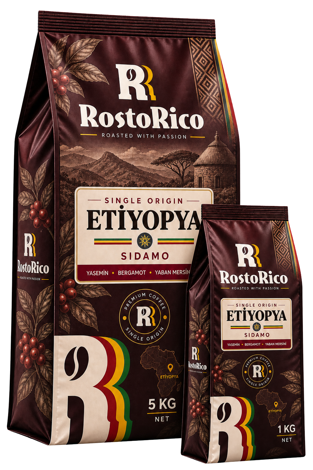 RostoRico Etiyopya Sidamo Single Origin 1 kg ve 5 kg paketleri